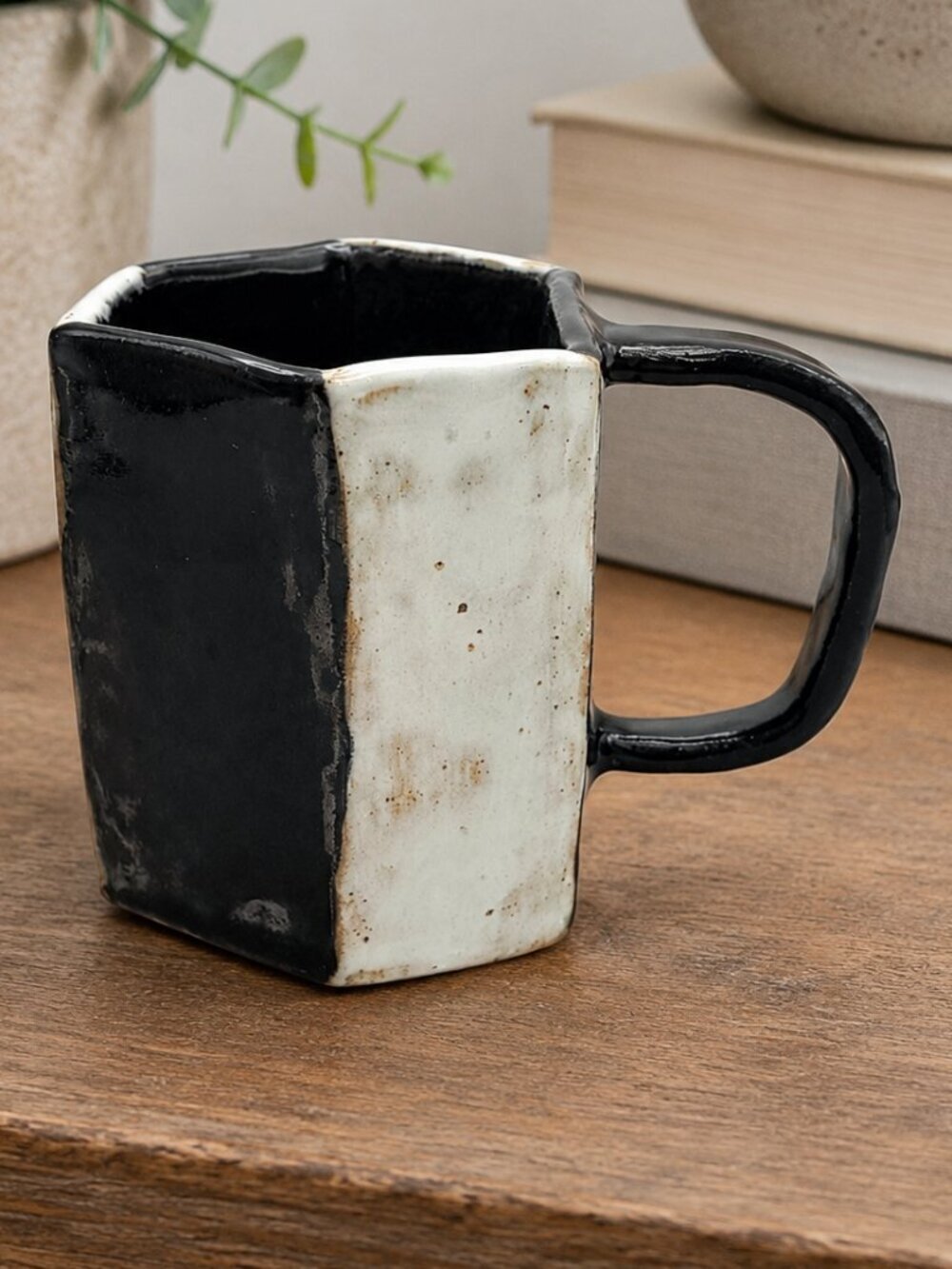 Handmade Studio Pottery Mug Signed S22 Black White Geometric Coffee Cup
